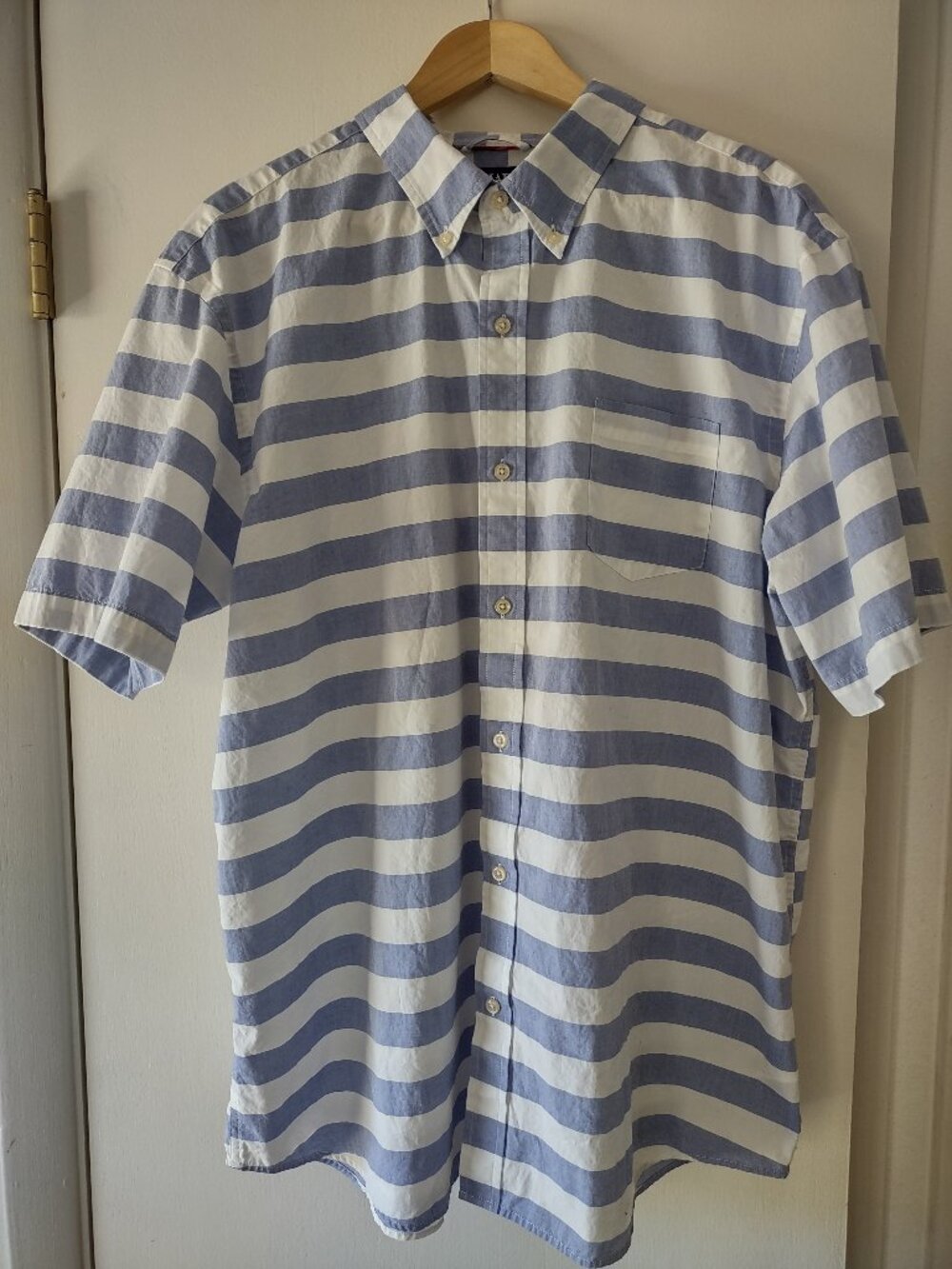 Chaps Men’s XXL Blue White Striped Button Front Shirt Short Sleeve Cotton Casual